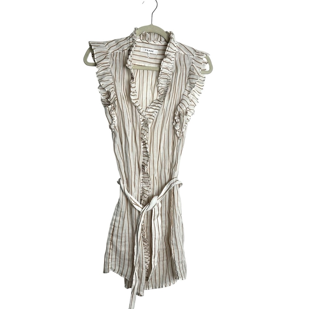 FRAME Lauren Striped Ruffle Shirt Dress in Café Multi Size S EC W/O Slip - Picture 2 of 9